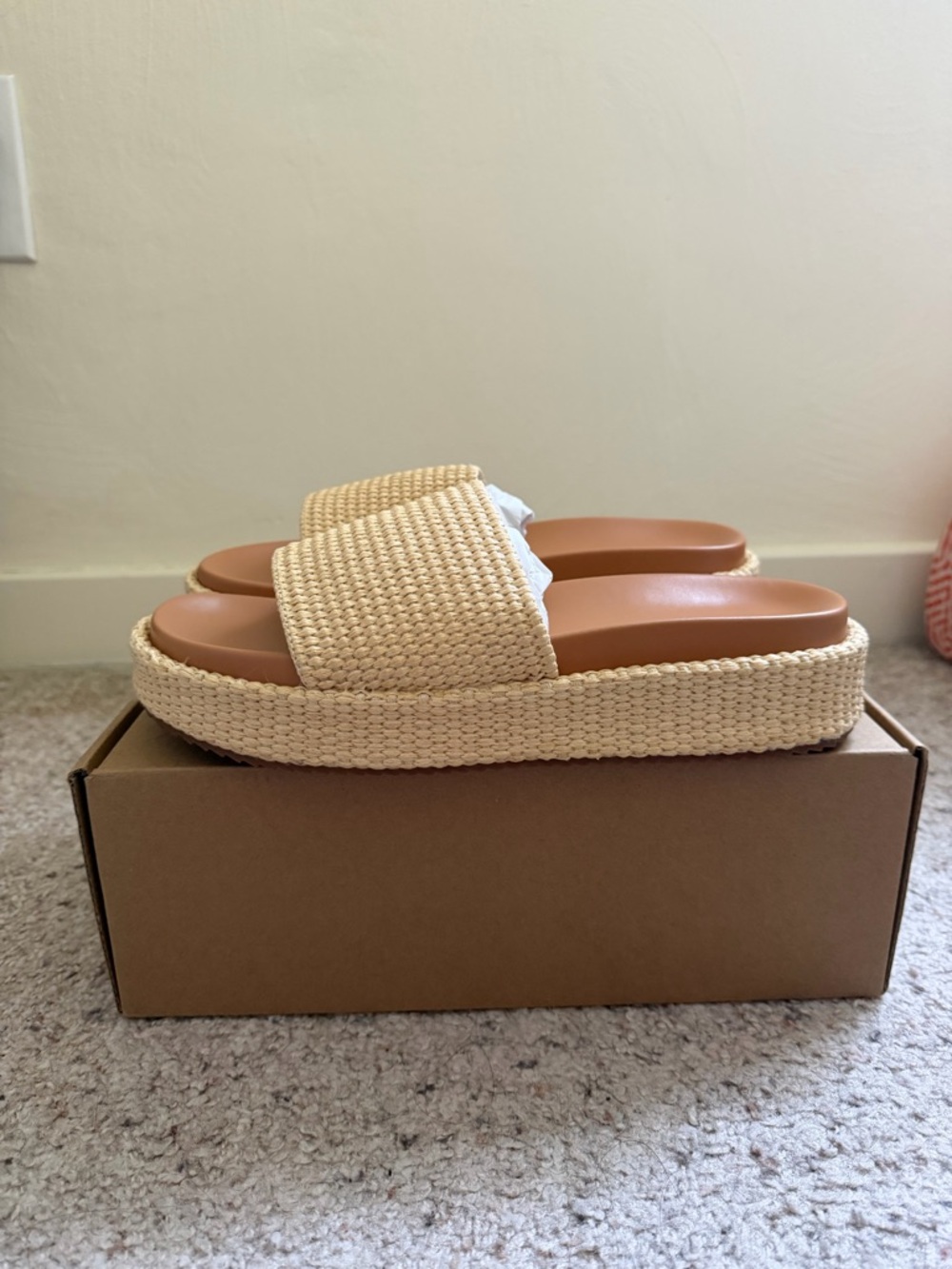 Raffia Woven Platform Slide Sandals | Boho Neutral Summer Beach Slides Size 9 - Picture 3 of 6